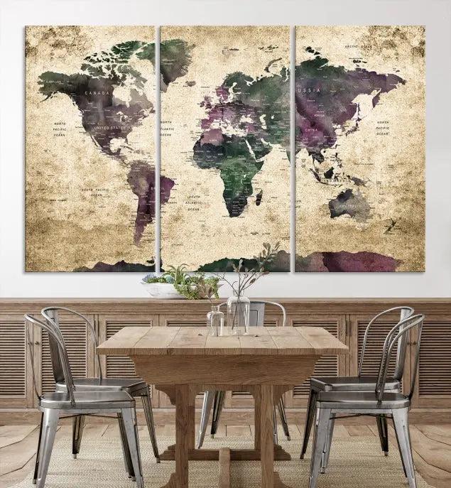 The living room features the Wall Art Grunge World Travel Map Canvas Print in a gallery-wrapped multi-panel design on the wall.