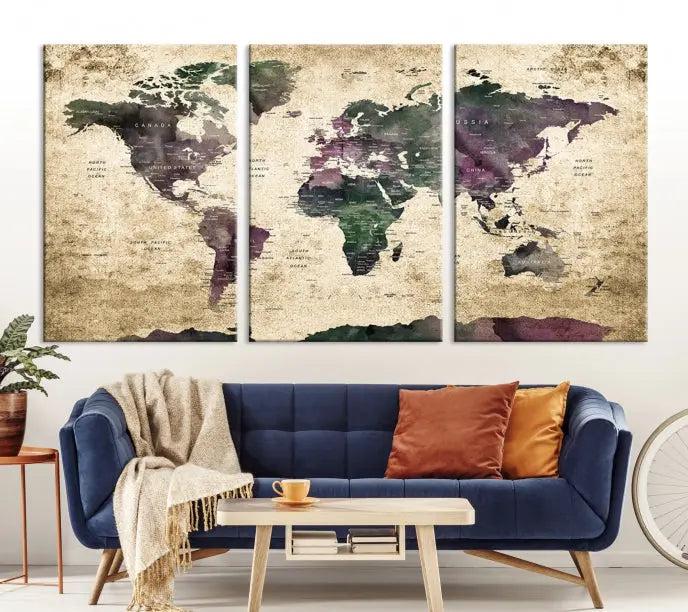 The living room features the Wall Art Grunge World Travel Map Canvas Print in a gallery-wrapped multi-panel design on the wall.