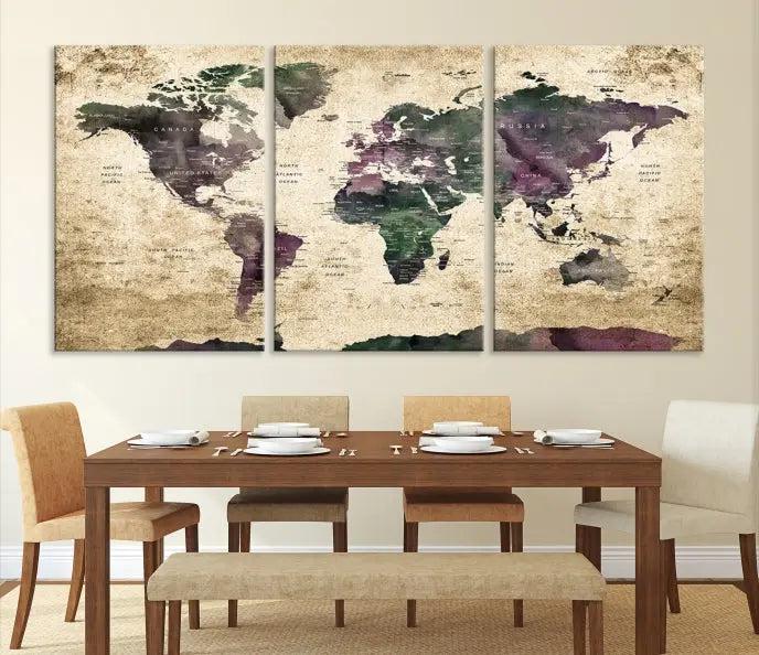 The living room features the Wall Art Grunge World Travel Map Canvas Print in a gallery-wrapped multi-panel design on the wall.