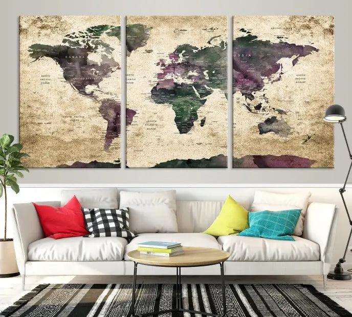 The living room features the Wall Art Grunge World Travel Map Canvas Print in a gallery-wrapped multi-panel design on the wall.