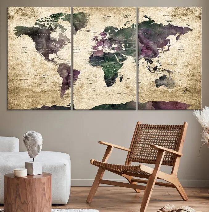 The living room features the Wall Art Grunge World Travel Map Canvas Print in a gallery-wrapped multi-panel design on the wall.