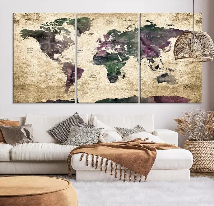 The living room features the Wall Art Grunge World Travel Map Canvas Print in a gallery-wrapped multi-panel design on the wall.