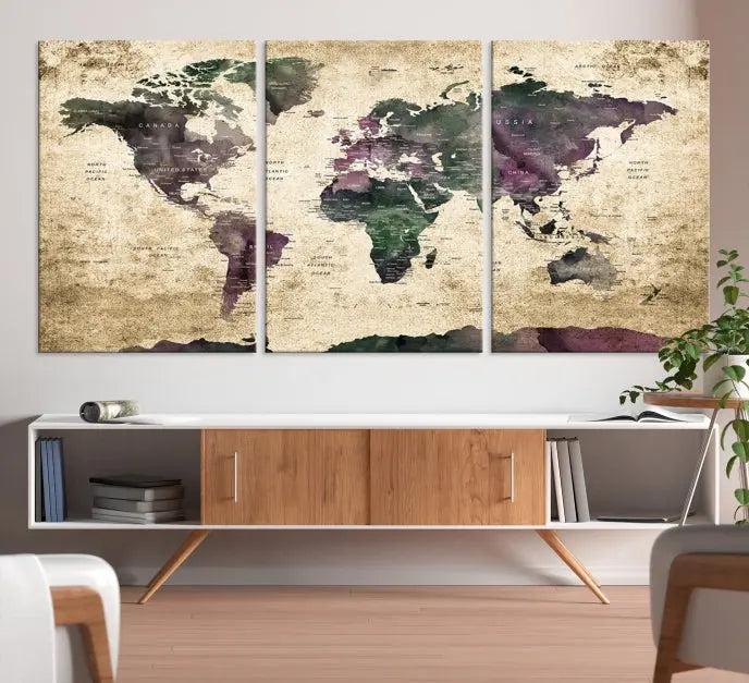 The living room features the Wall Art Grunge World Travel Map Canvas Print in a gallery-wrapped multi-panel design on the wall.