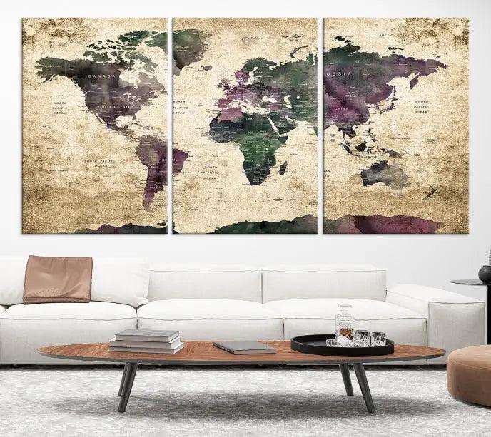 The living room features the Wall Art Grunge World Travel Map Canvas Print in a gallery-wrapped multi-panel design on the wall.