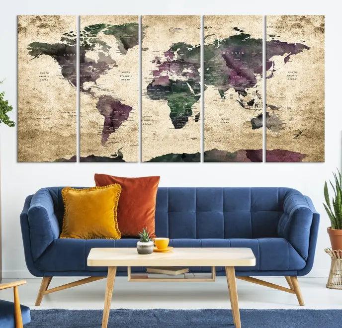 The living room features the Wall Art Grunge World Travel Map Canvas Print in a gallery-wrapped multi-panel design on the wall.