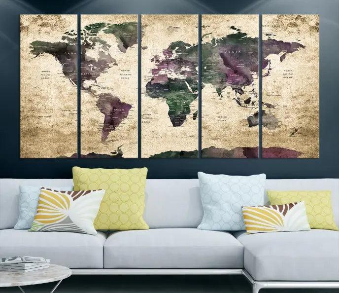 The living room features the Wall Art Grunge World Travel Map Canvas Print in a gallery-wrapped multi-panel design on the wall.