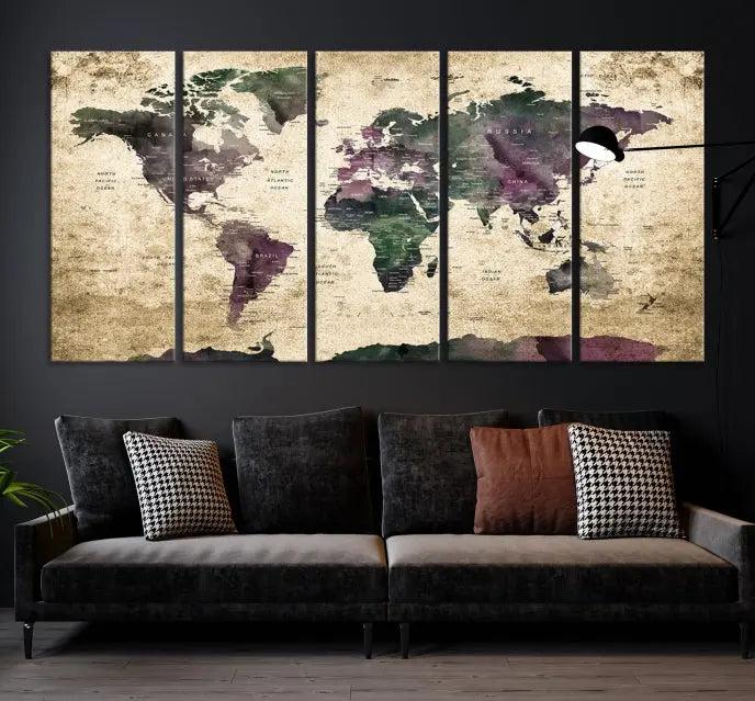 The living room features the Wall Art Grunge World Travel Map Canvas Print in a gallery-wrapped multi-panel design on the wall.