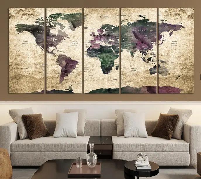 The living room features the Wall Art Grunge World Travel Map Canvas Print in a gallery-wrapped multi-panel design on the wall.