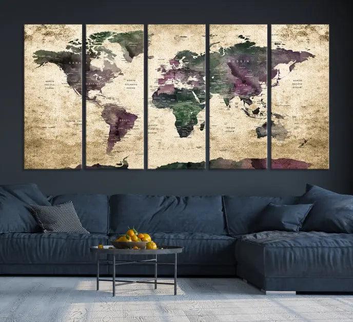 The living room features the Wall Art Grunge World Travel Map Canvas Print in a gallery-wrapped multi-panel design on the wall.