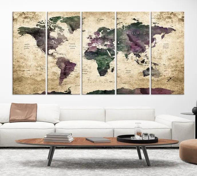 The living room features the Wall Art Grunge World Travel Map Canvas Print in a gallery-wrapped multi-panel design on the wall.