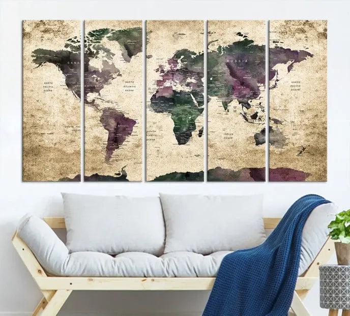 The living room features the Wall Art Grunge World Travel Map Canvas Print in a gallery-wrapped multi-panel design on the wall.