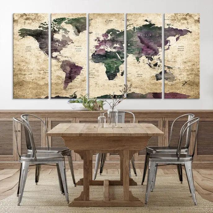 The living room features the Wall Art Grunge World Travel Map Canvas Print in a gallery-wrapped multi-panel design on the wall.