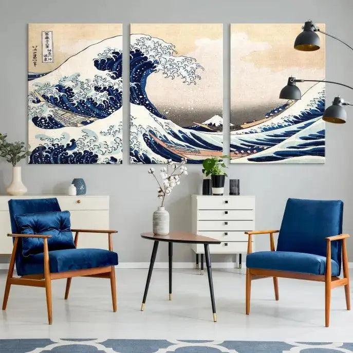 The Wall Art Kanagawa Canvas Artwork Abstract Print, rendered on museum-quality canvas with a UV-protective coating, is displayed in the living room and ready to hang to elevate the space.