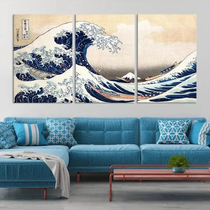 The Wall Art Kanagawa Canvas Artwork Abstract Print, rendered on museum-quality canvas with a UV-protective coating, is displayed in the living room and ready to hang to elevate the space.