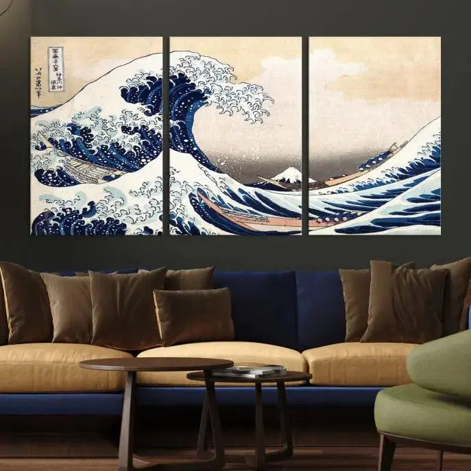 The Wall Art Kanagawa Canvas Artwork Abstract Print, rendered on museum-quality canvas with a UV-protective coating, is displayed in the living room and ready to hang to elevate the space.