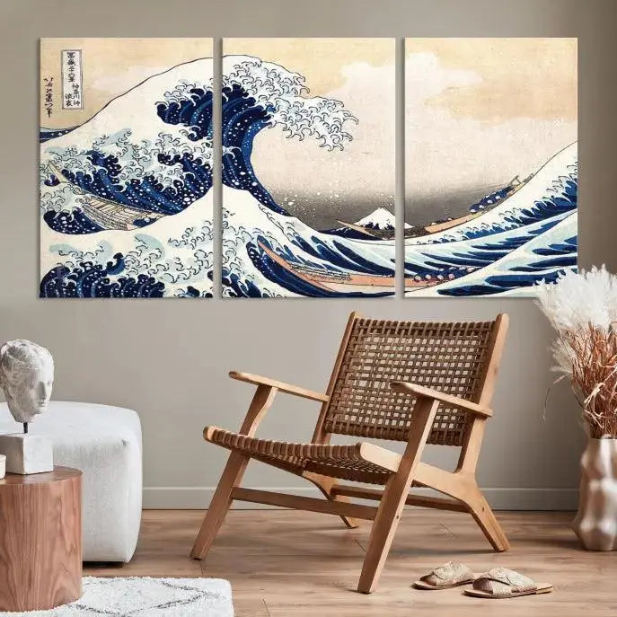 The Wall Art Kanagawa Canvas Artwork Abstract Print, rendered on museum-quality canvas with a UV-protective coating, is displayed in the living room and ready to hang to elevate the space.