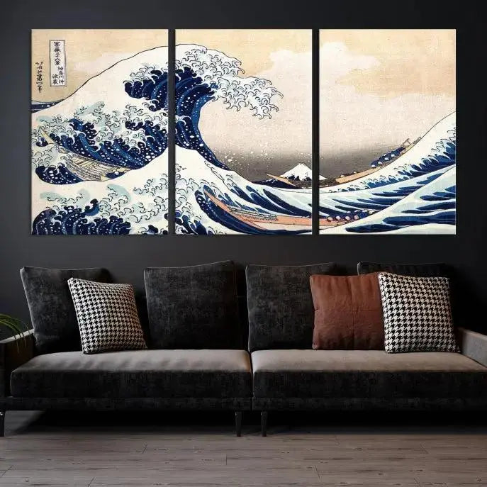 The Wall Art Kanagawa Canvas Artwork Abstract Print, rendered on museum-quality canvas with a UV-protective coating, is displayed in the living room and ready to hang to elevate the space.