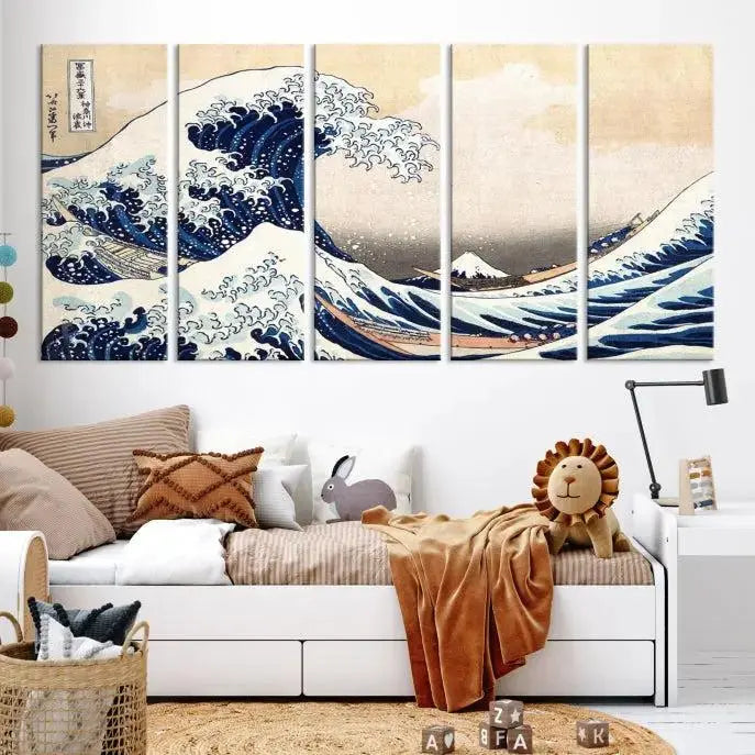 The Wall Art Kanagawa Canvas Artwork Abstract Print, rendered on museum-quality canvas with a UV-protective coating, is displayed in the living room and ready to hang to elevate the space.