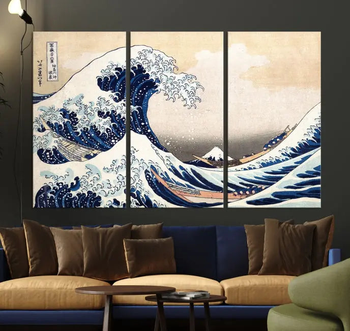 The Wall Art Kanagawa Canvas Artwork Abstract Print, rendered on museum-quality canvas with a UV-protective coating, is displayed in the living room and ready to hang to elevate the space.