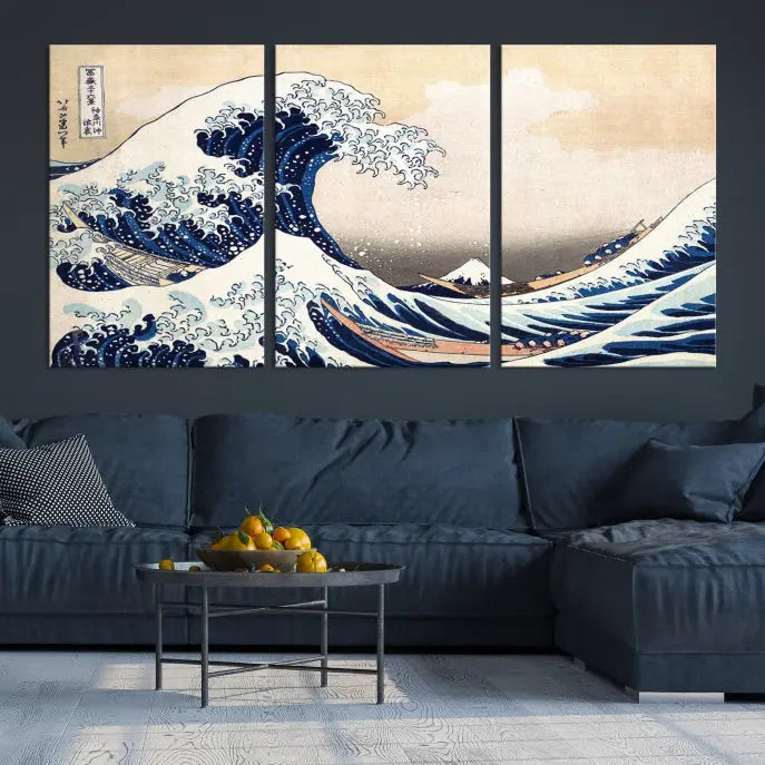 The Wall Art Kanagawa Canvas Artwork Abstract Print, rendered on museum-quality canvas with a UV-protective coating, is displayed in the living room and ready to hang to elevate the space.