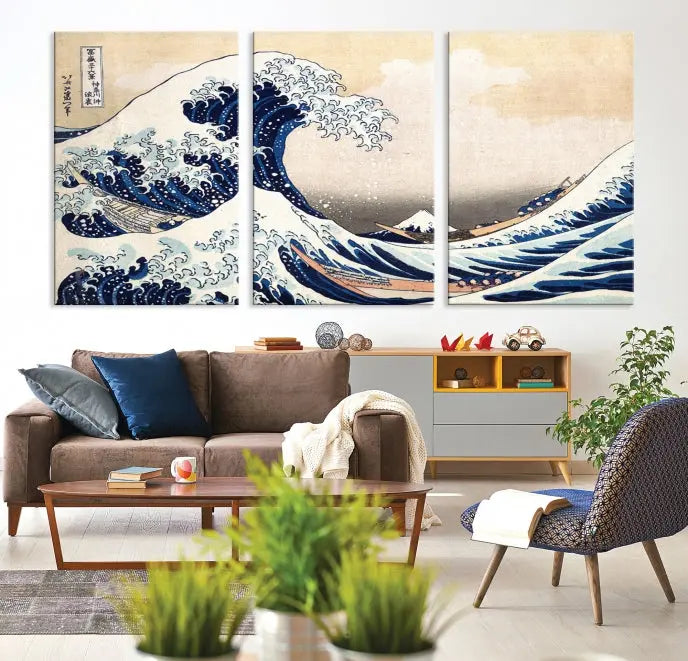 The Wall Art Kanagawa Canvas Artwork Abstract Print, rendered on museum-quality canvas with a UV-protective coating, is displayed in the living room and ready to hang to elevate the space.