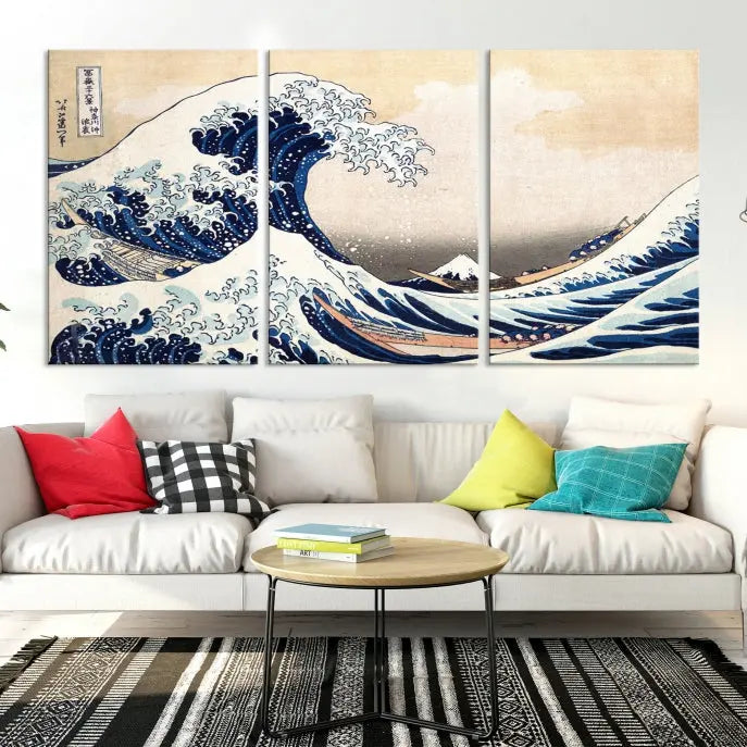 The Wall Art Kanagawa Canvas Artwork Abstract Print, rendered on museum-quality canvas with a UV-protective coating, is displayed in the living room and ready to hang to elevate the space.