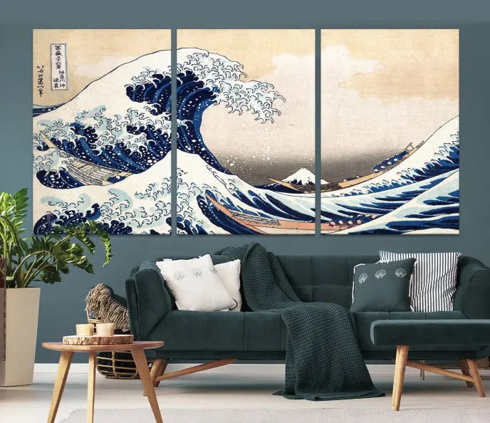 The Wall Art Kanagawa Canvas Artwork Abstract Print, rendered on museum-quality canvas with a UV-protective coating, is displayed in the living room and ready to hang to elevate the space.