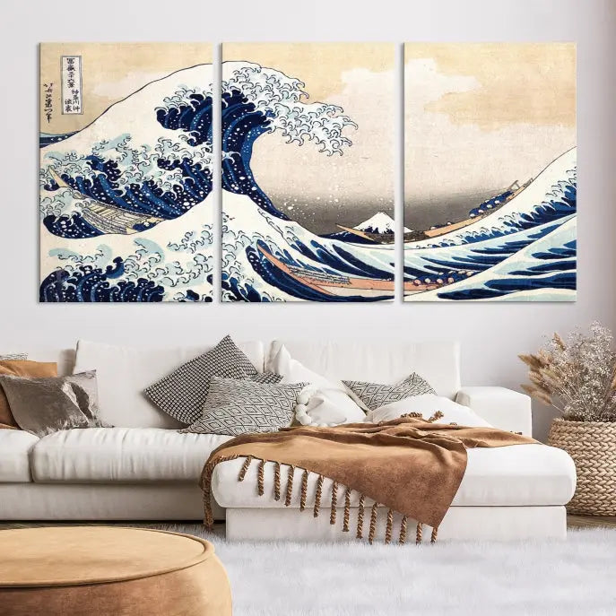 The Wall Art Kanagawa Canvas Artwork Abstract Print, rendered on museum-quality canvas with a UV-protective coating, is displayed in the living room and ready to hang to elevate the space.