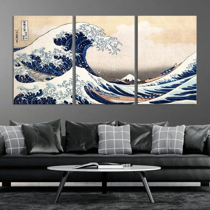 The Wall Art Kanagawa Canvas Artwork Abstract Print, rendered on museum-quality canvas with a UV-protective coating, is displayed in the living room and ready to hang to elevate the space.