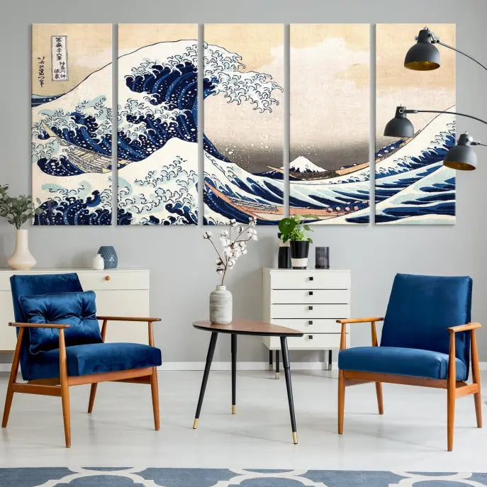 The Wall Art Kanagawa Canvas Artwork Abstract Print, rendered on museum-quality canvas with a UV-protective coating, is displayed in the living room and ready to hang to elevate the space.