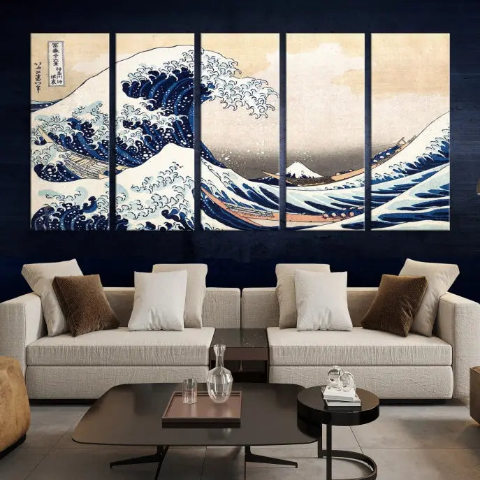 The Wall Art Kanagawa Canvas Artwork Abstract Print, rendered on museum-quality canvas with a UV-protective coating, is displayed in the living room and ready to hang to elevate the space.