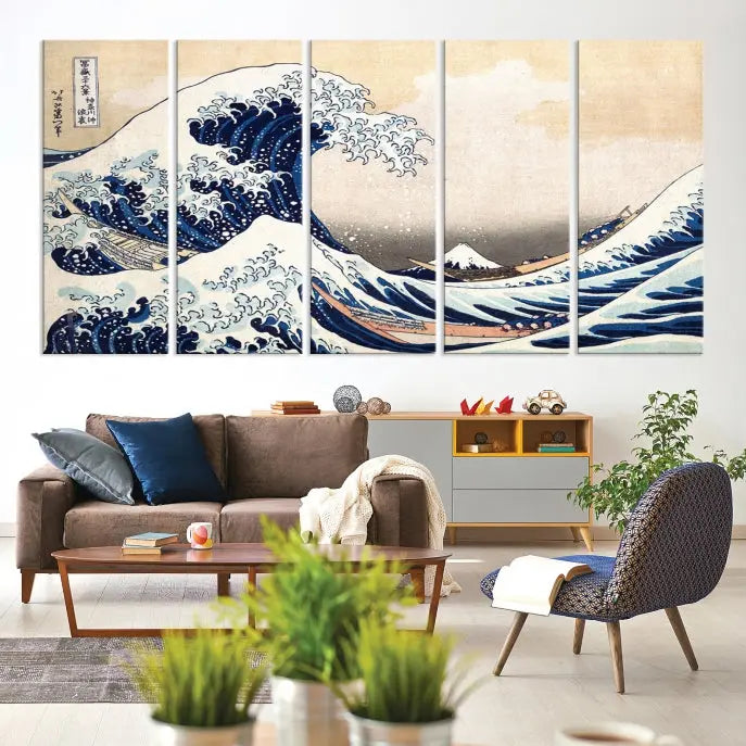 The Wall Art Kanagawa Canvas Artwork Abstract Print, rendered on museum-quality canvas with a UV-protective coating, is displayed in the living room and ready to hang to elevate the space.