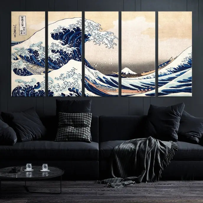 The Wall Art Kanagawa Canvas Artwork Abstract Print, rendered on museum-quality canvas with a UV-protective coating, is displayed in the living room and ready to hang to elevate the space.