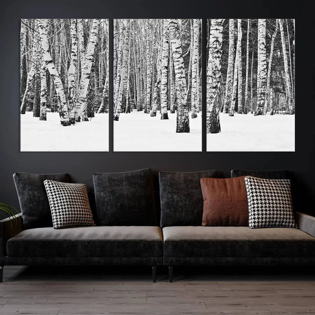 A canvas print titled "Wall Art Landscape Canvas Print Forest in Winter with Snowy Ground and Trees" is displayed, enhancing the modern living room's decor.