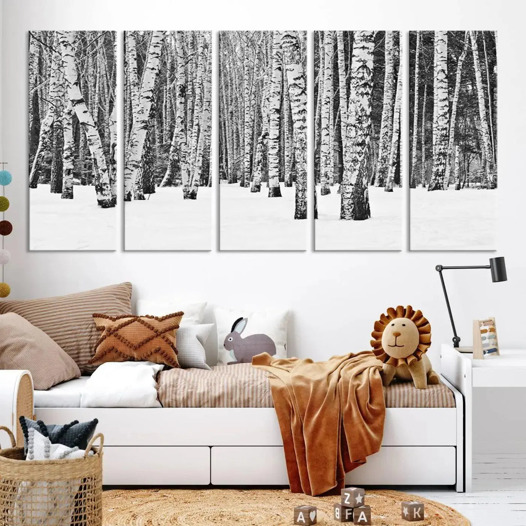 A canvas print titled "Wall Art Landscape Canvas Print Forest in Winter with Snowy Ground and Trees" is displayed, enhancing the modern living room's decor.