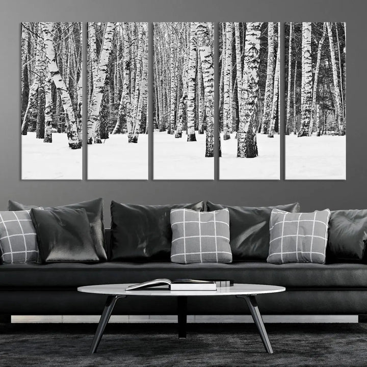 A canvas print titled "Wall Art Landscape Canvas Print Forest in Winter with Snowy Ground and Trees" is displayed, enhancing the modern living room's decor.