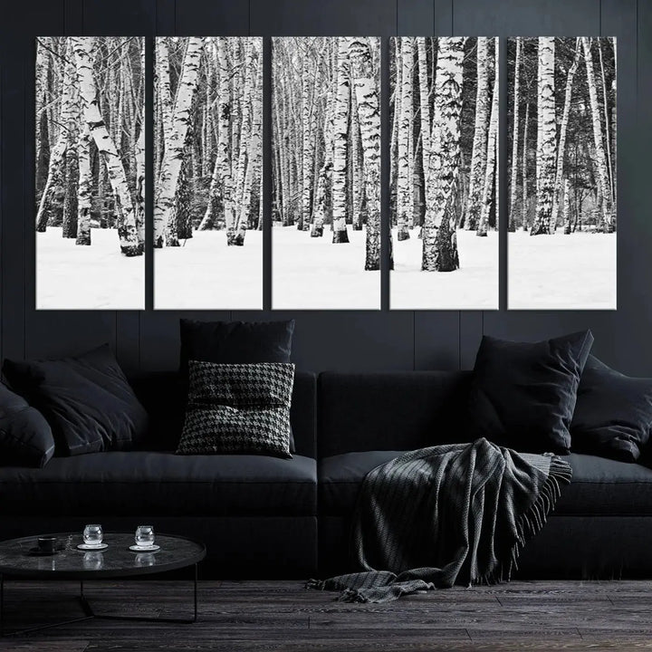 A canvas print titled "Wall Art Landscape Canvas Print Forest in Winter with Snowy Ground and Trees" is displayed, enhancing the modern living room's decor.