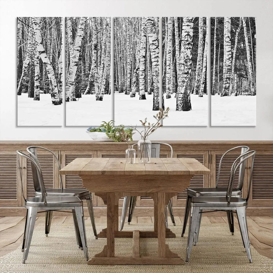 A canvas print titled "Wall Art Landscape Canvas Print Forest in Winter with Snowy Ground and Trees" is displayed, enhancing the modern living room's decor.