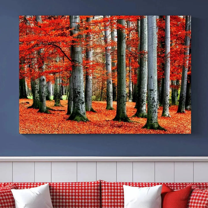 A large wall art titled "Red Leaves on Trees on Red Ground" is printed on museum-quality canvas, featuring a vibrant autumn forest scene. It comes with a UV-protective coating and is ready to hang.