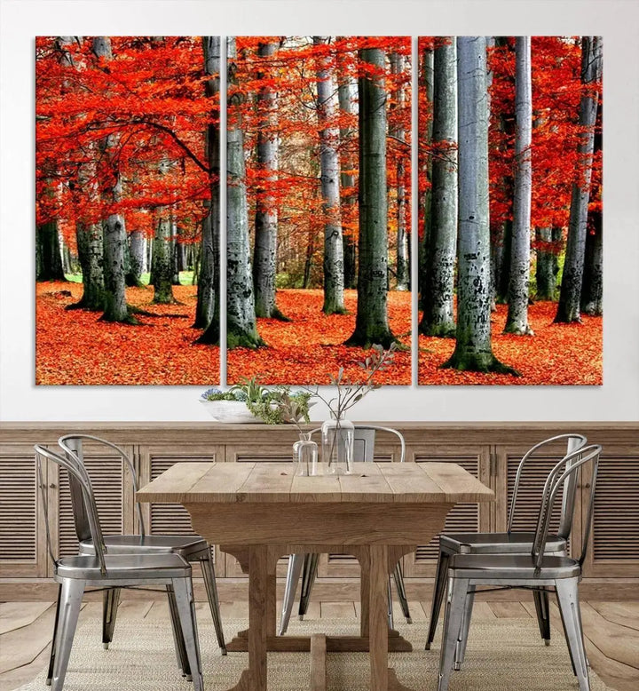 A large wall art titled "Red Leaves on Trees on Red Ground" is printed on museum-quality canvas, featuring a vibrant autumn forest scene. It comes with a UV-protective coating and is ready to hang.