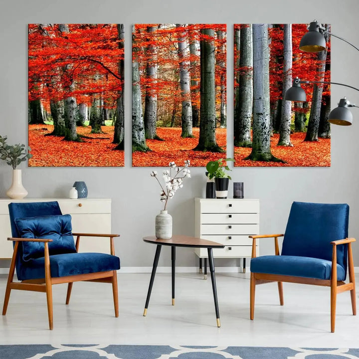 A large wall art titled "Red Leaves on Trees on Red Ground" is printed on museum-quality canvas, featuring a vibrant autumn forest scene. It comes with a UV-protective coating and is ready to hang.