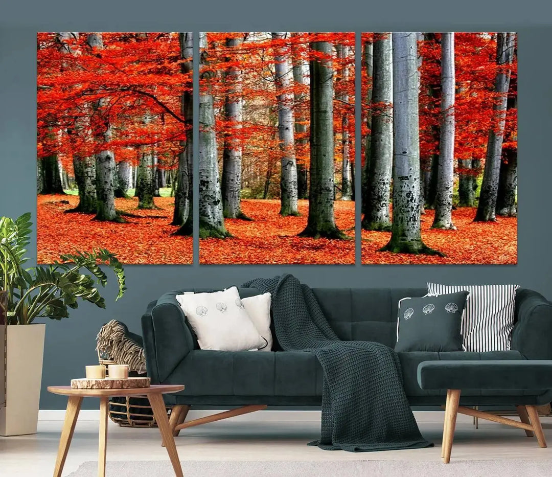 A large wall art titled "Red Leaves on Trees on Red Ground" is printed on museum-quality canvas, featuring a vibrant autumn forest scene. It comes with a UV-protective coating and is ready to hang.