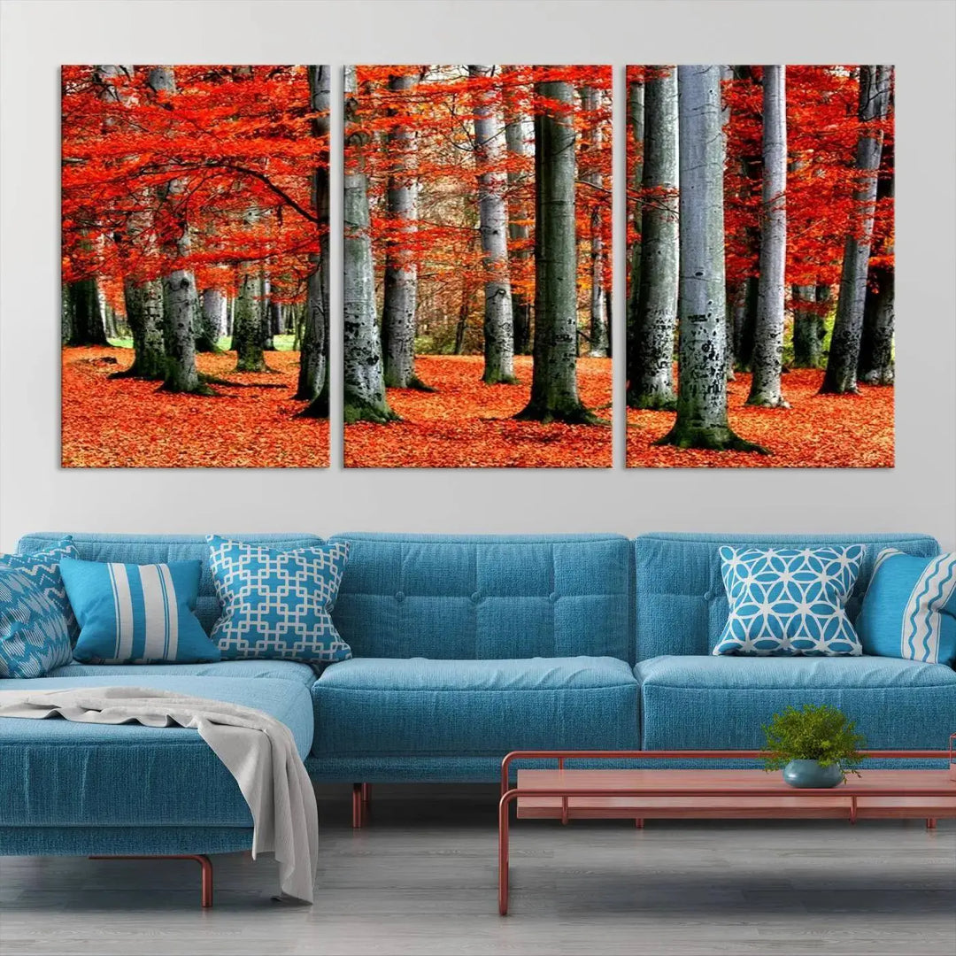 A large wall art titled "Red Leaves on Trees on Red Ground" is printed on museum-quality canvas, featuring a vibrant autumn forest scene. It comes with a UV-protective coating and is ready to hang.