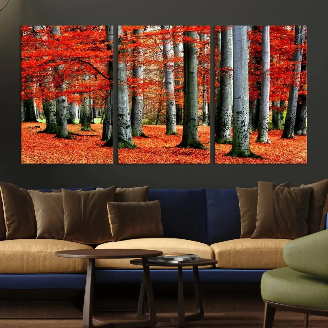 A large wall art titled "Red Leaves on Trees on Red Ground" is printed on museum-quality canvas, featuring a vibrant autumn forest scene. It comes with a UV-protective coating and is ready to hang.