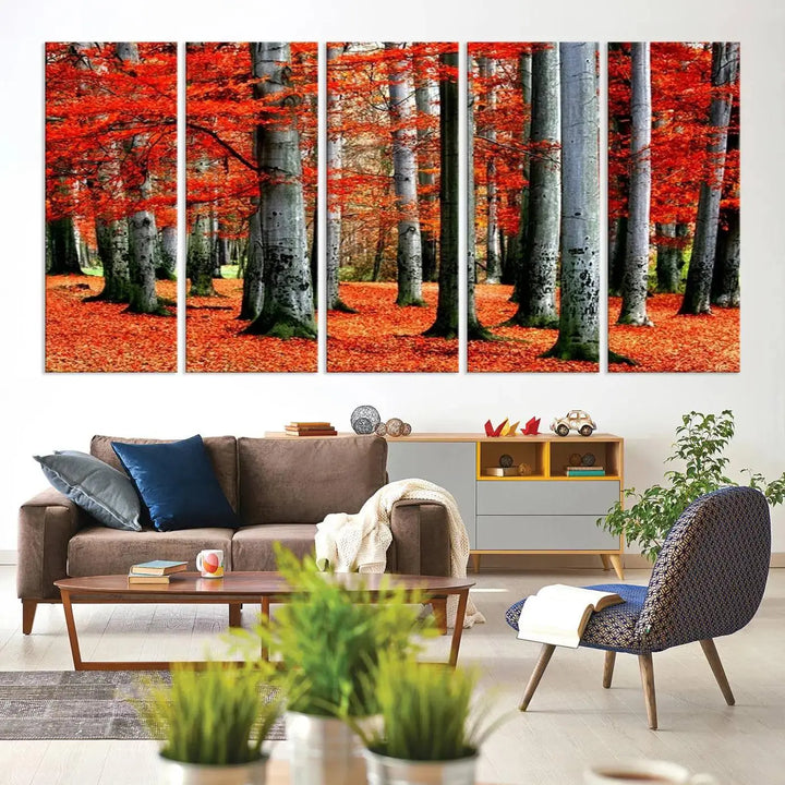 A large wall art titled "Red Leaves on Trees on Red Ground" is printed on museum-quality canvas, featuring a vibrant autumn forest scene. It comes with a UV-protective coating and is ready to hang.