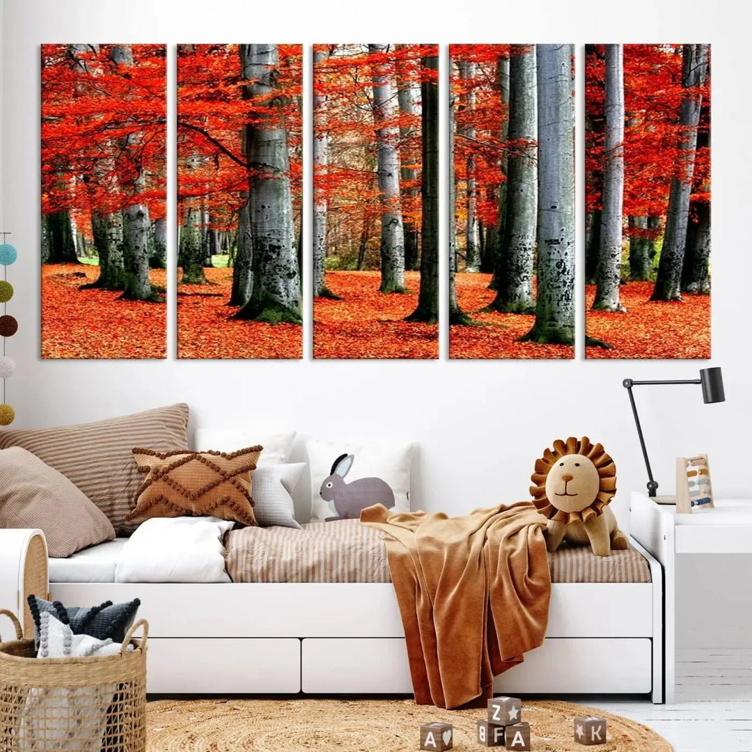 A large wall art titled "Red Leaves on Trees on Red Ground" is printed on museum-quality canvas, featuring a vibrant autumn forest scene. It comes with a UV-protective coating and is ready to hang.