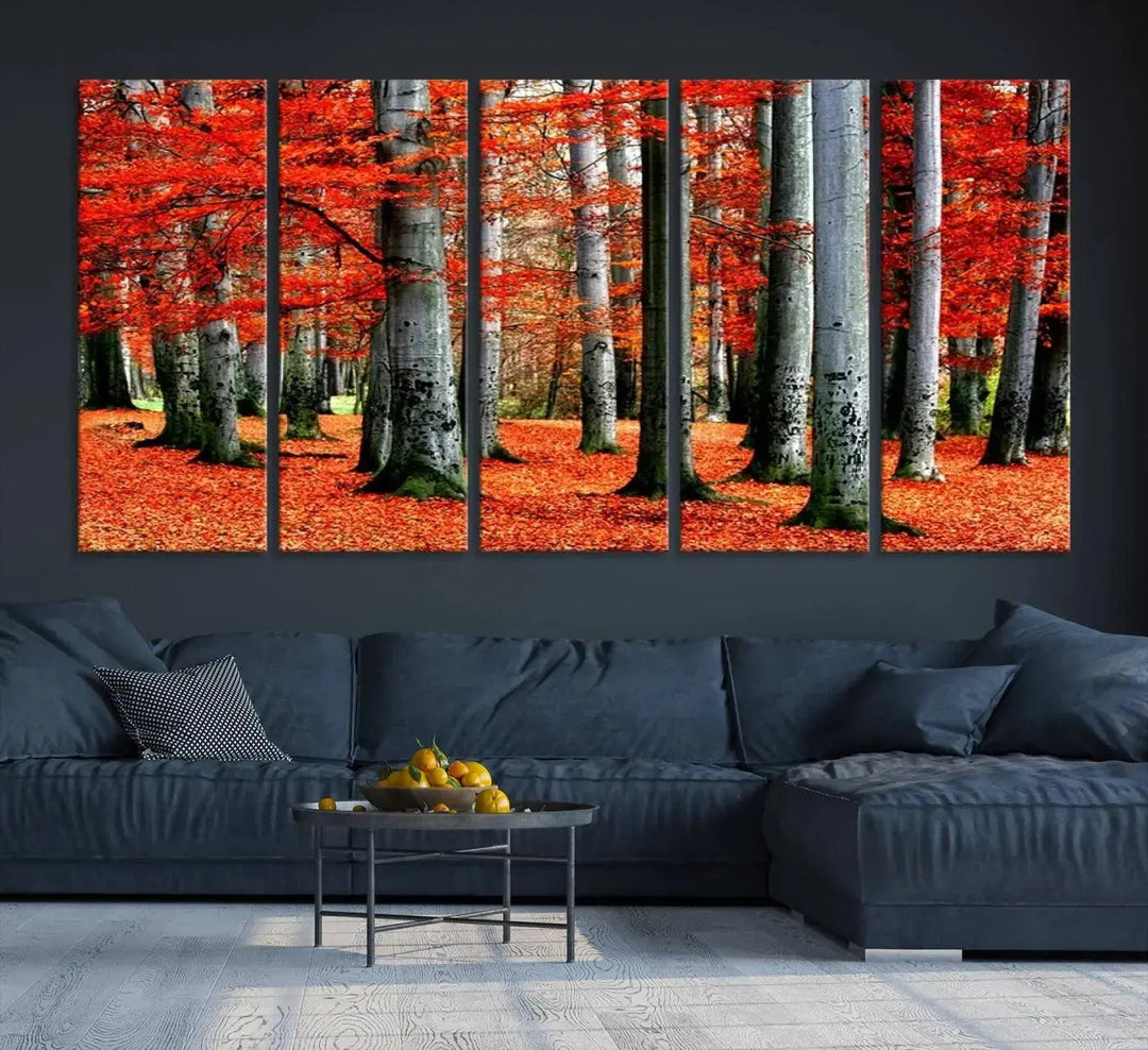 A large wall art titled "Red Leaves on Trees on Red Ground" is printed on museum-quality canvas, featuring a vibrant autumn forest scene. It comes with a UV-protective coating and is ready to hang.