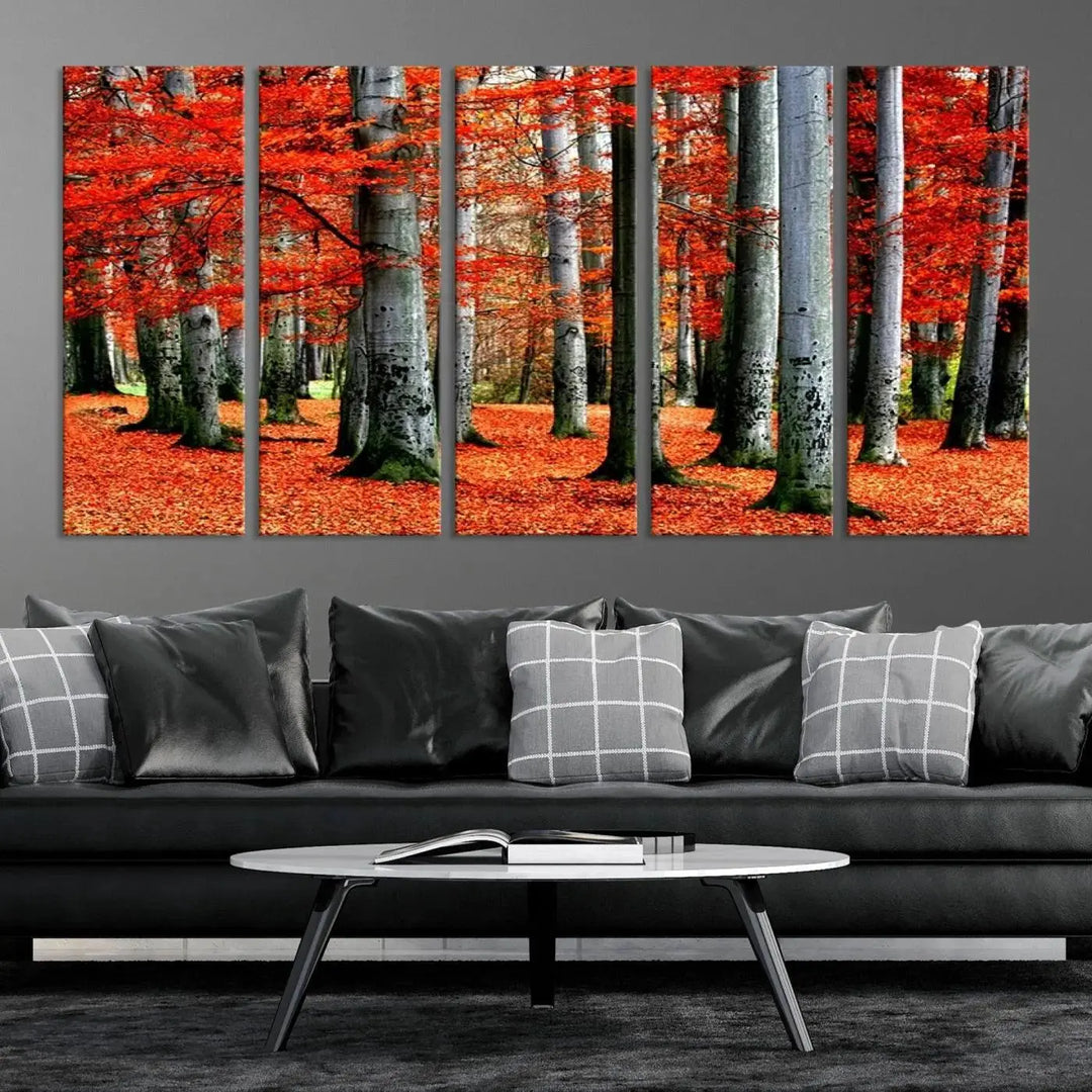 A large wall art titled "Red Leaves on Trees on Red Ground" is printed on museum-quality canvas, featuring a vibrant autumn forest scene. It comes with a UV-protective coating and is ready to hang.