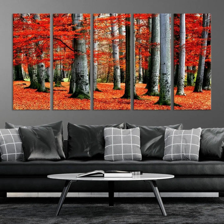 A large wall art titled "Red Leaves on Trees on Red Ground" is printed on museum-quality canvas, featuring a vibrant autumn forest scene. It comes with a UV-protective coating and is ready to hang.