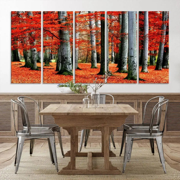 A large wall art titled "Red Leaves on Trees on Red Ground" is printed on museum-quality canvas, featuring a vibrant autumn forest scene. It comes with a UV-protective coating and is ready to hang.